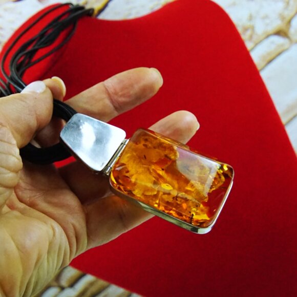 Modernist Faceted Amber and 925 Silver Huge Pendant With Black Leather Cord 17" - Picture 7 of 16